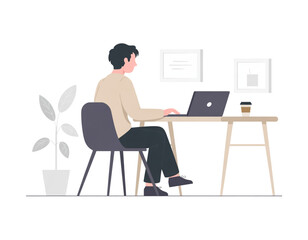 A man sitting at a desk working on a laptop on transparent background