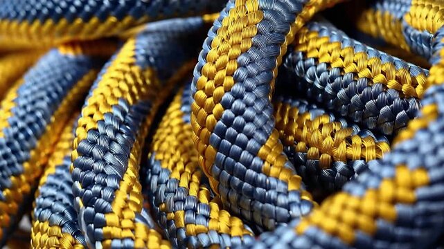 Focus on the detailed textures and patterns of blue and yellow ropes twisted and coiled in different ways. The lighting highlights their unique designs and colors.