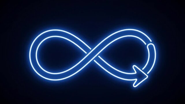 Glowing blue infinity symbol with arrow on dark background