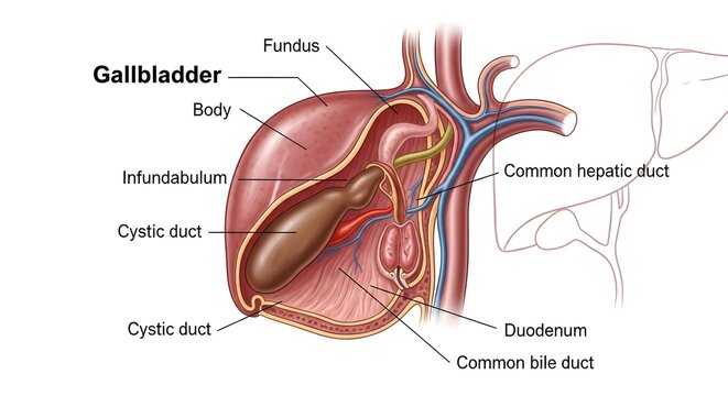 High detailed anatomical illustration of gallbladder and bile ducts, showing fundus, body, infundibulum, cystic duct, common hepatic duct, common bile duct and relation to duodenum for hepatobiliary a
