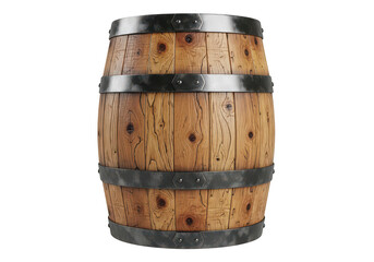 Obraz premium A wooden barrel with metal hoops isolated on transparent background