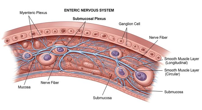 High detailed anatomical illustration of enteric nervous system, cross‑section of intestinal wall depicting myenteric and submucosal plexuses, ganglion cells, nerve fibers and smooth muscle layers for