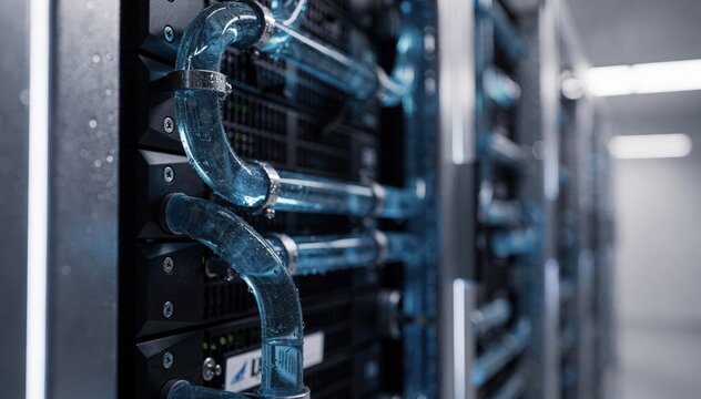 Focused view of a liquidcooled data center rack showcasing blue coolant tubes and sleek servers contrasting with the blurred background for a hightech ecofriendly atmosphere.
