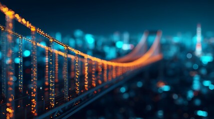 Obraz premium A stunning night cityscape featuring a brightly lit suspension bridge with bokeh-style lights and a blurred urban skyline in the background.