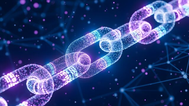 Digital glowing blockchain link in a blue network. Cybersecurity and encrypted data protection. Bright technological chain representing secure decentralization and crypto finance