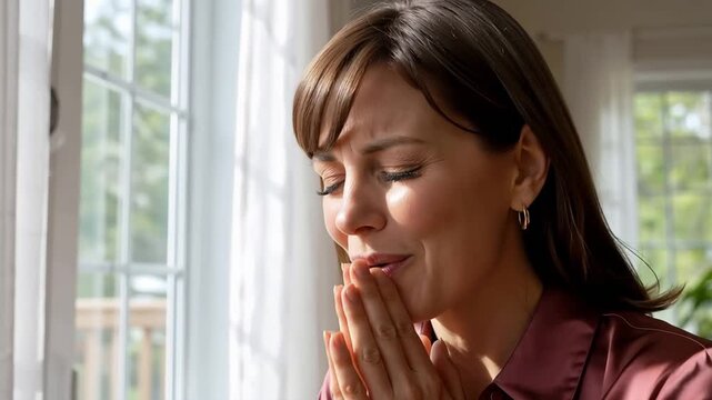 A pray woman sits by the window with a smile on her face. She closes her eyes and puts her hands together in a thoughtful gesture. Sunlight fills the room.