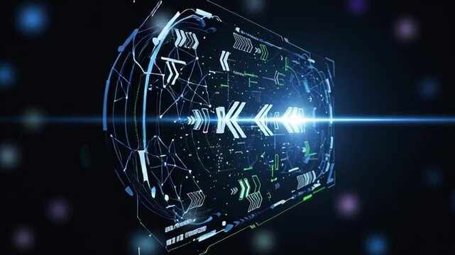 Futuristic digital interface with neon blue and green elements, arrows, and neon light on dark background illustration