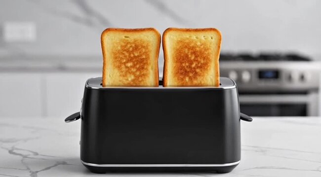 The process of bread entering the toaster and then turning golden brown, before-after transition, clean modern animation, kitchen product advertising style
