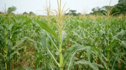 Obraz premium A Lush and Abundant Field of Green Corn Stalks Swaying Gently in the Daylight Under a Bright Sky