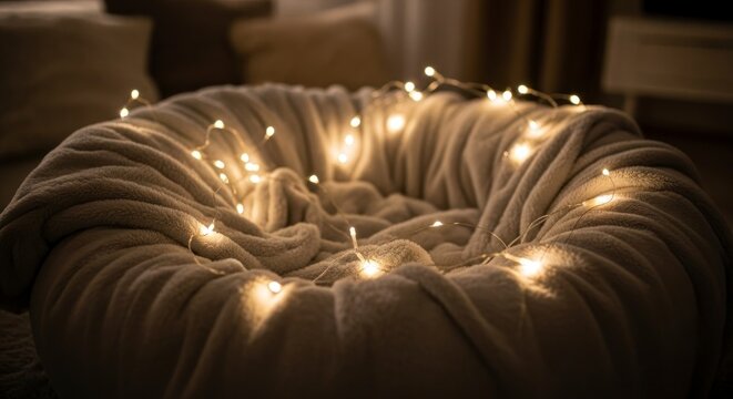 Cozy blanket with string lights creating warm ambiance for relaxation