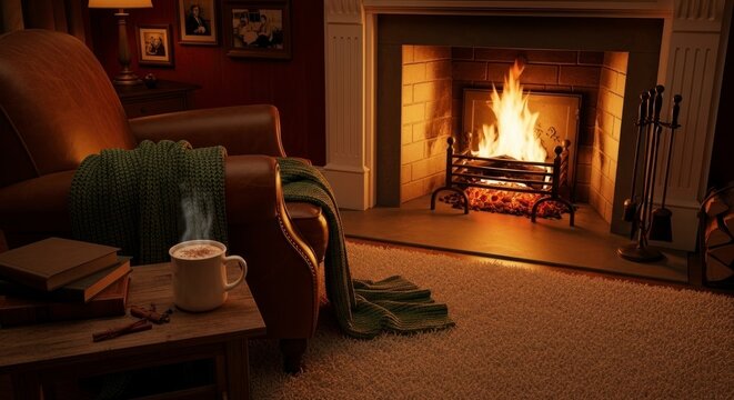 Cozy living room interior with burning fireplace and armchair at night