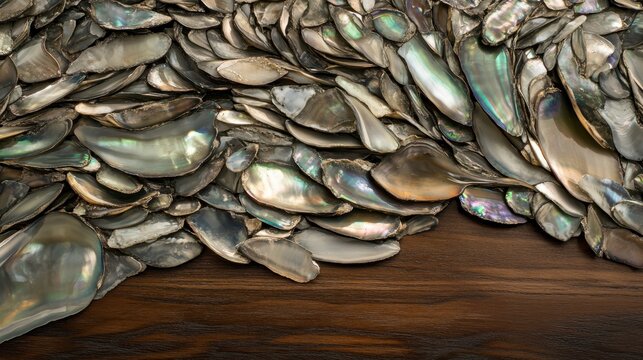 Close up view of iridescent abalone shell fragments with smooth shimmering surfaces on a wooden background