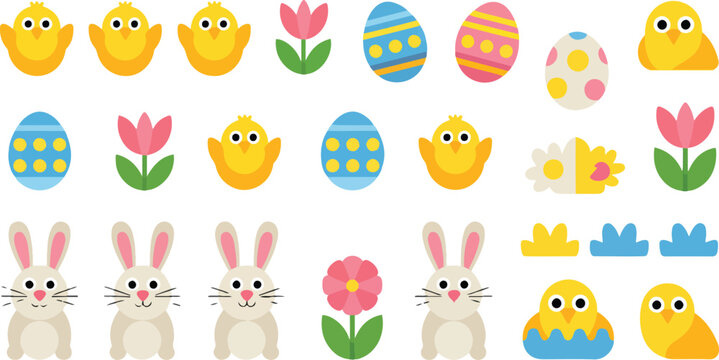 Easter icon collection. Includes Easter eggs, bunnies, chicks, flowers. Created in colorful flat style with pastel palette.