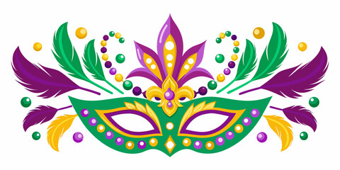 Colorful mardi gras mask decorated with feathers and golden beads © Tithi