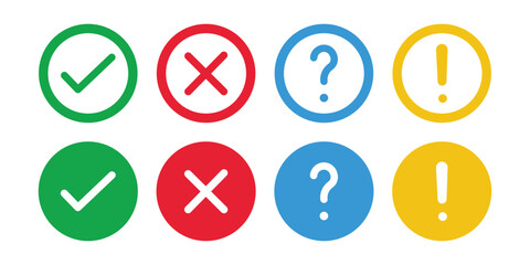 Check Mark, Cross and Exclamation Icon Set – Approval, Error, Warning Round Symbols Vector © MDSOHEL