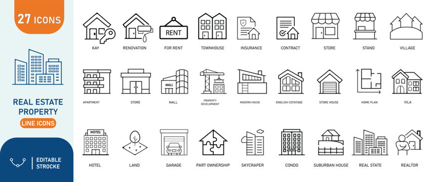 Real estate properties icon set urban architecture buildings skyscrapers editable vector illustrations