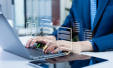 Procurement manager organizing workflow documentation including contracts, purchase orders, bids and compliance records to track costs and improve efficiency in B2B purchase management. © Father_Studio