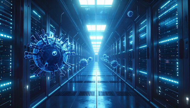 Abstract concept of digital data threat displayed inside server room