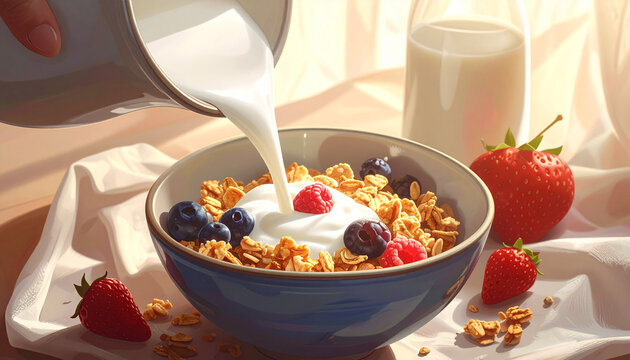 Breakfast scene with pouring milk on cereal bowl and fruits