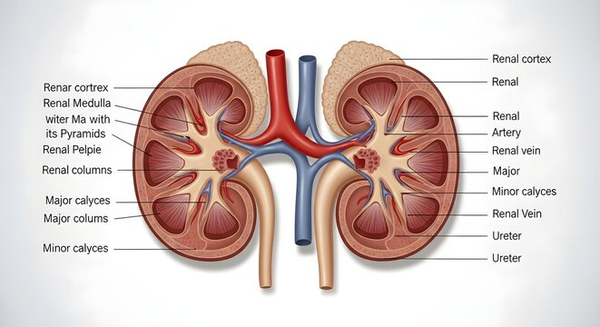 High detailed anatomical illustration of paired human kidneys in frontal section, showing renal cortex, medulla, pyramids, papillae, major and minor calyces, pelvis, ureters and renal vessels for medi