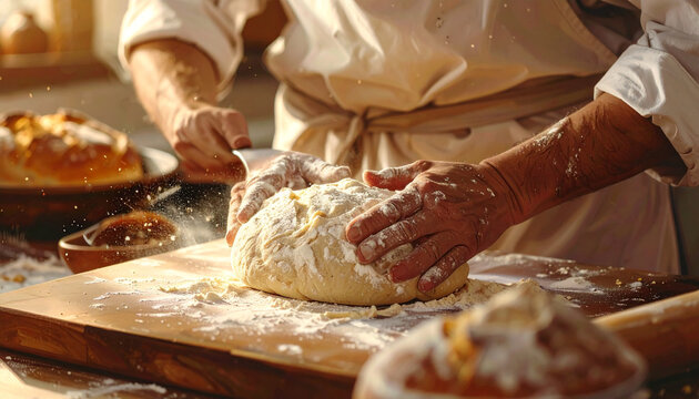 Chef preparing dough for baking in a warm well lit kitchen environment