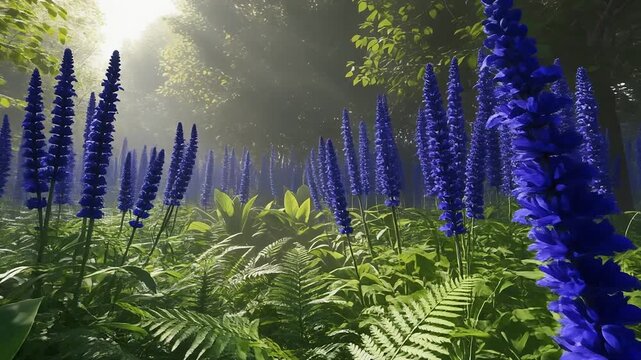 Sunlit Purple Flowers in Misty Forest Ethereal Nature Scene with Vibrant Blooms.