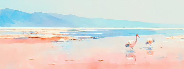 Watercolor painting of two birds in a pink salt lagoon. Minimalist landscape with flamingos or cranes and distant mountains. Wildlife and nature illustration