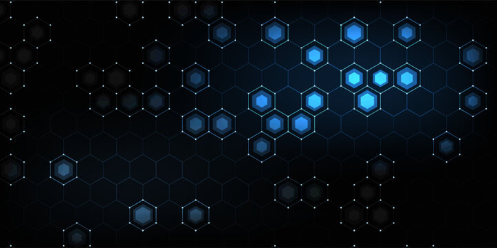 Futuristic abstract blue background featuring glowing hexagonal grid pattern and connected dots. Digital technology concept with geometric honeycomb structure