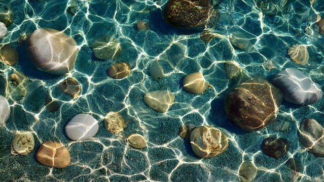 Clear water ripples over colorful pebbles and stones