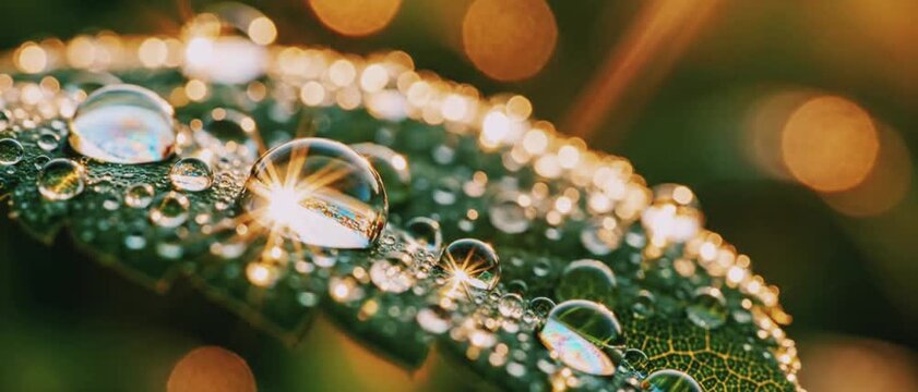 Ultra macro cinematic close-up of fresh dew drops resting on a vibrant green leaf at sunrise, golden sunlight reflections, shallow depth of field, extremely detailed nature texture, 4K.