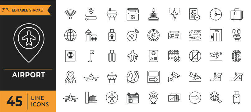 Airport outline icons set. Editable stroke. Vector illustration.