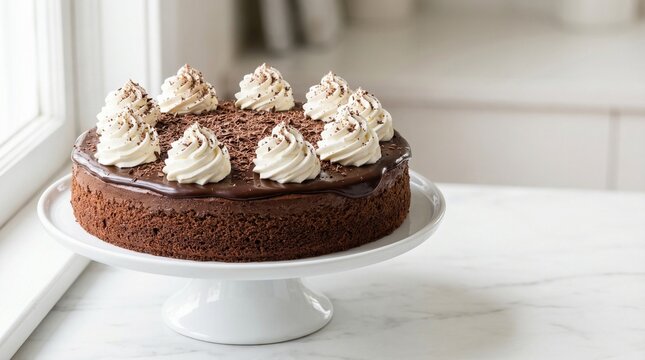 Homemade chocolate cake topped with cream rosettes on white cake stand by bright window