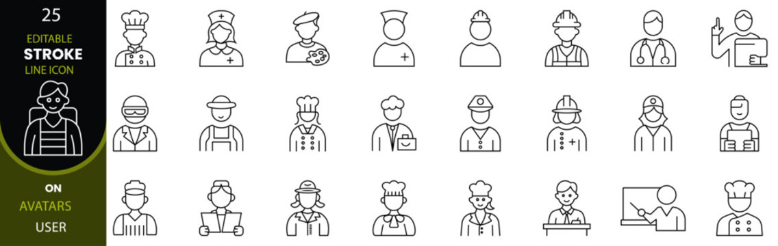 Avatars for user interface editable linear icon collection. Human profile or person character icon in different style