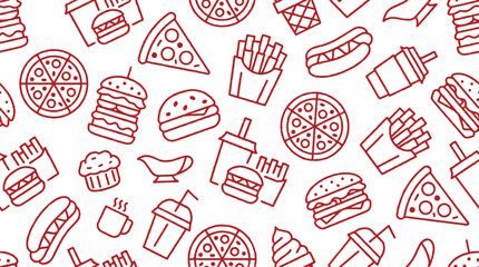 red line drawn fast food icons on white background