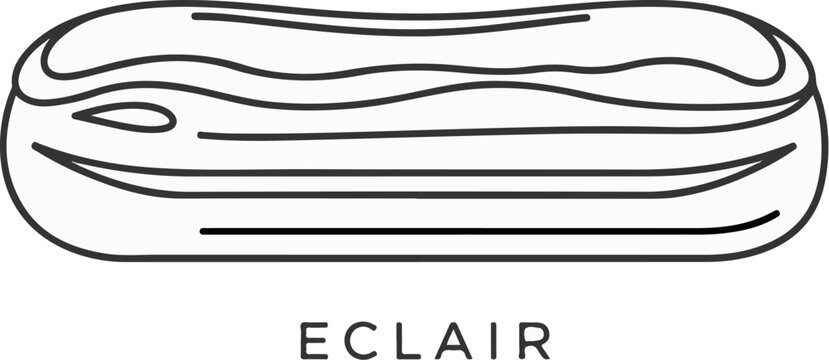 A minimalist black and white line drawing of a classic eclair pastry