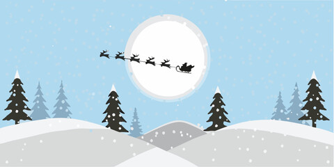 Santa claus and reindeer fly across a winter night sky scene © Asit