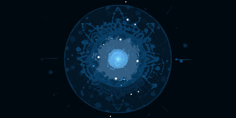 Abstract blue sphere with swirling patterns and central bright light © Asit