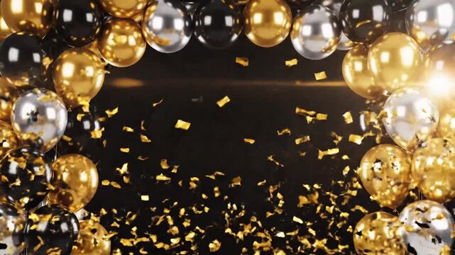 Golden, silver, and black balloons with confetti on a dark background.