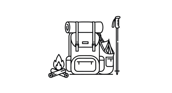 Minimalist camping backpack with gear flat illustration isolated on white background
