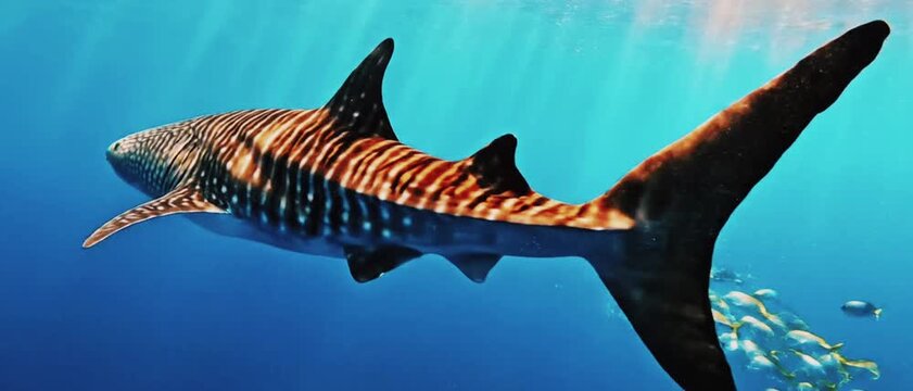 Massive whale shark fused with striped tiger features swimming through clear blue ocean with sunlight rays penetrating deep water.