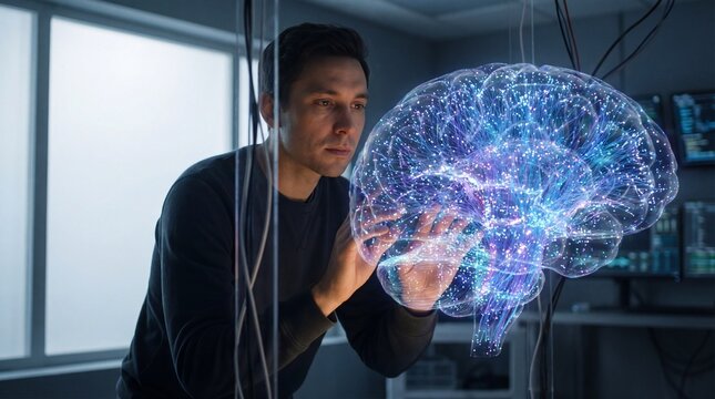 Male Neuroscientist Interacting with a Holographic 3D Brain Model in a Futuristic Laboratory.