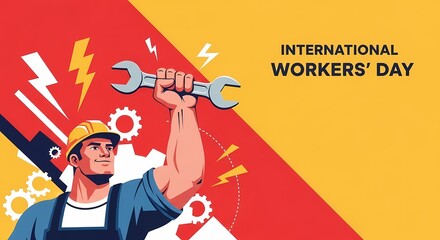 Labour day celebration with worker holding wrench and tools
