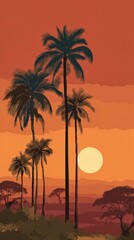 Obraz premium African Savannah Sunset with Palm Trees Silhouette