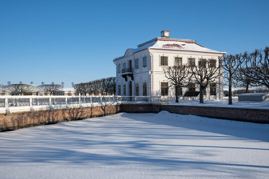 PETERHOF, RUSSIA - FEBRUARY 14, 2026: View on the Marly Palace from the Sectoral Pond. Peterhof Palace and Park Complex