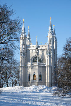 View on the old Gothic chapel of Prince Alexander Nevsky. Alexandria Park, Peterhof, Russia (vertical)