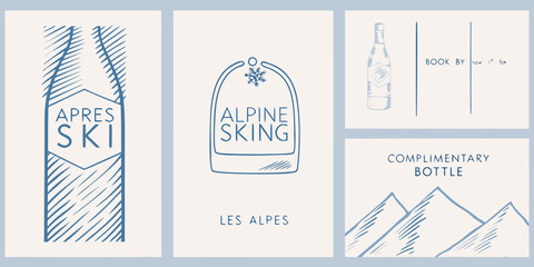 Alpine skiing promotional design with champagne and mountain motifs © Asit