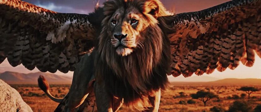 Powerful African lion fused with hawk wings standing proudly on savanna rock during golden sunset with wind moving mane and feathers.