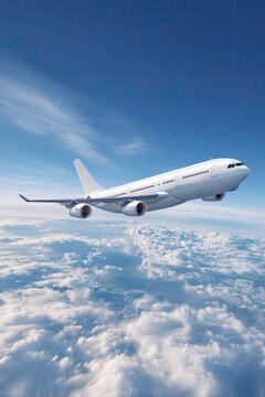 Commercial airplane flying above clouds in blue sky
