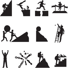 Symbolic Journey to Success: A collection of symbolic illustrations depicts various paths and challenges associated with pursuing goals and achieving success.