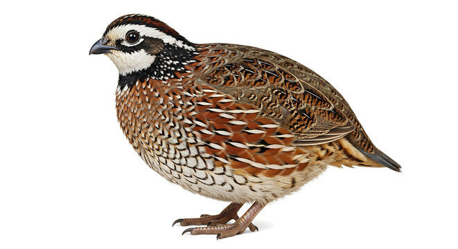 A northern bobwhite quail standing isolated on white background with brown feathers and distinctive markings